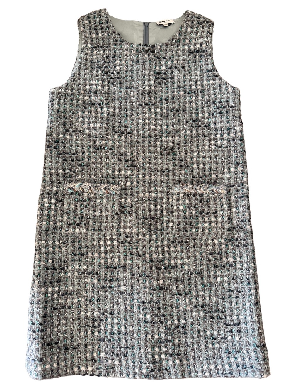 Chanel Women’s Blue Grey Tweed Sleeveless Shift Dress
